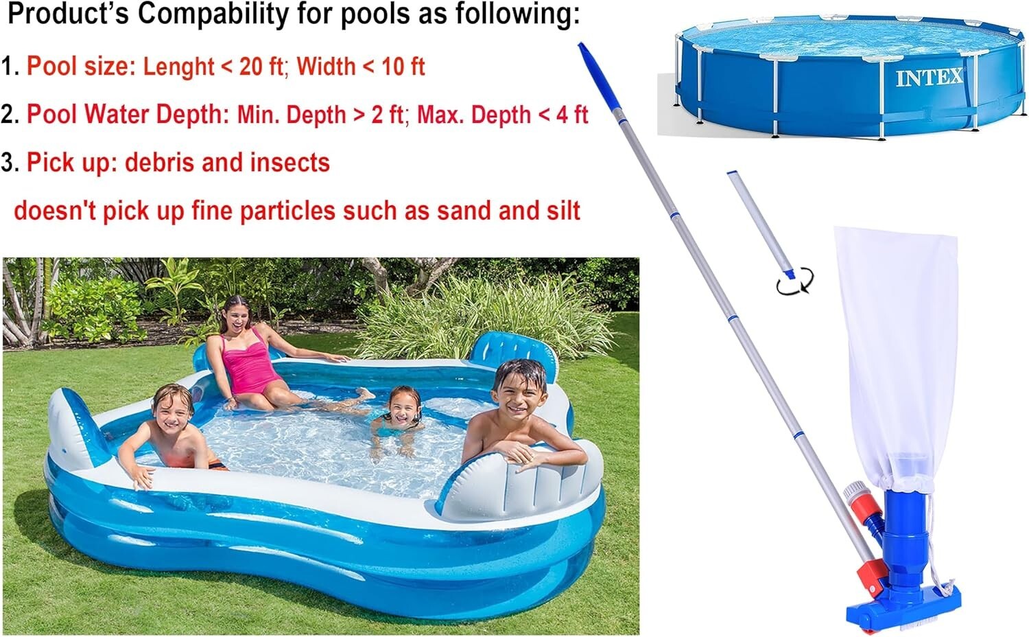 Water Pressure Powered Pool Jet Vacuum with 6 Adjustable Poles - Easy Assembly