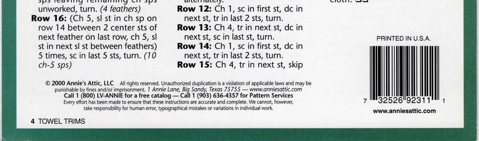 "Crochet Towel Trims" ©2000 Annie's Attic Craft Leaflet # 892311 Size 10 Cotton - Image 2 of 2