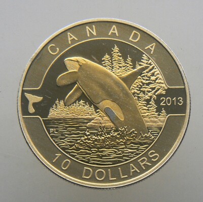 1/2 oz Silver 2013 Canada 10 Dollars O Canada - Gold Toned - Orca