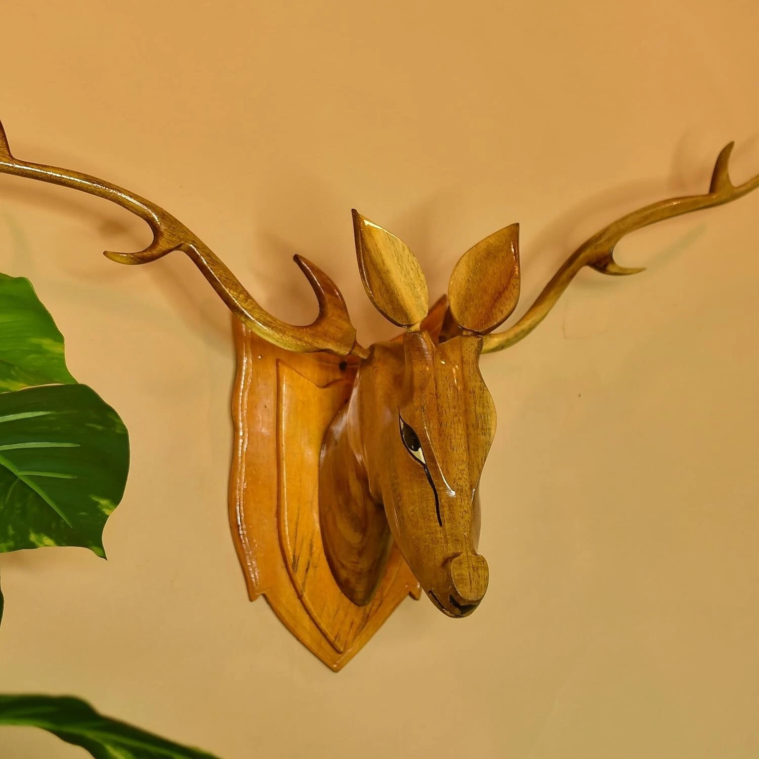 Scultura Statua Figurina Grande Testa Di Cervo Intagliata In Legno Fatta A Mano