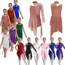 Mädchen Lyrisch Blumenspitze Tanzkleid Glitzer Ballettkleid Eiskunstlauf Kleid 