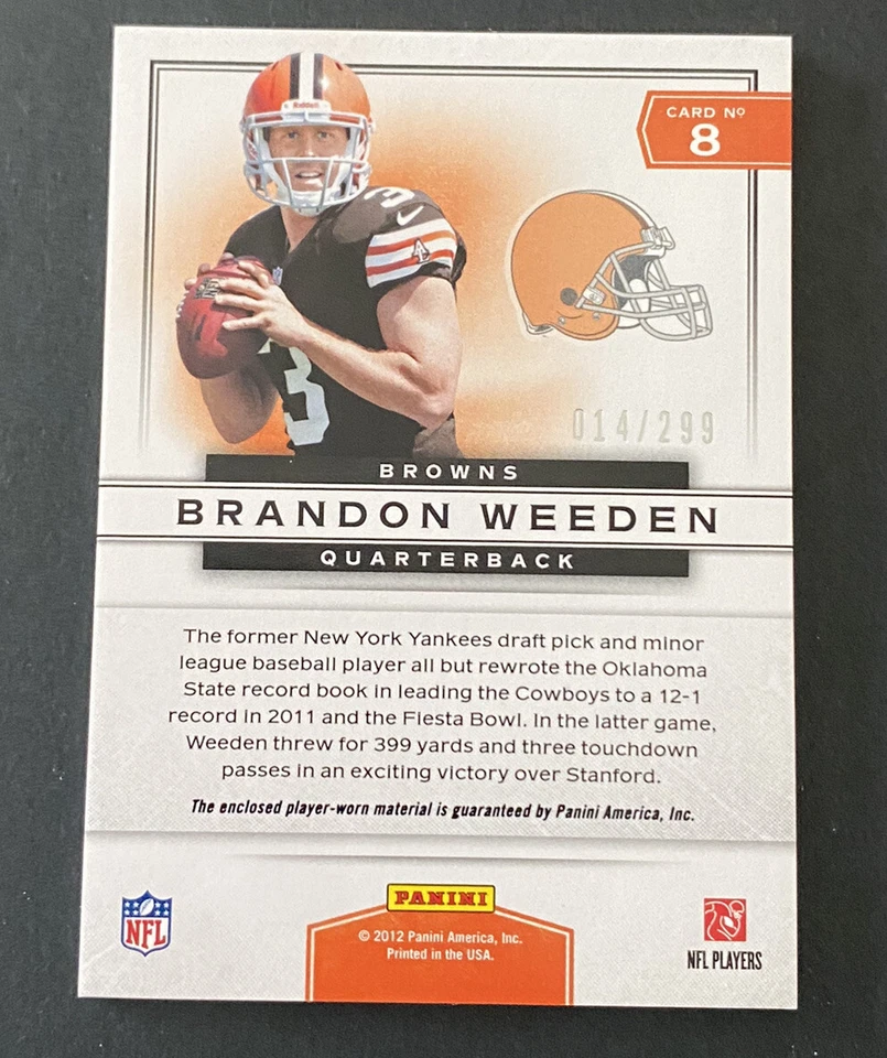 2012 Panini Prestigious Picks Brandon Weeden RC Rookie Jersey Cleveland Browns - Image 2 of 2