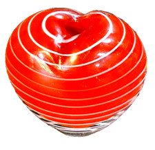 Blown Art Glass Heart Shaped Red w/White Stripes Vase