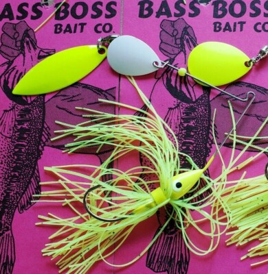 HARD TO FIND TWO 3/8 OZ CHARTREUSE AND WHITE BASS BOSS SPINNER BAITS 