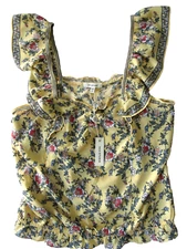 MAX STUDIO Yellow/Multi Floral Ruffle Sleeves Square Neck Blouse Womens size M