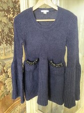 Vera Wang navy knitted short dress SZ S embelished pockets long tulip sleeves