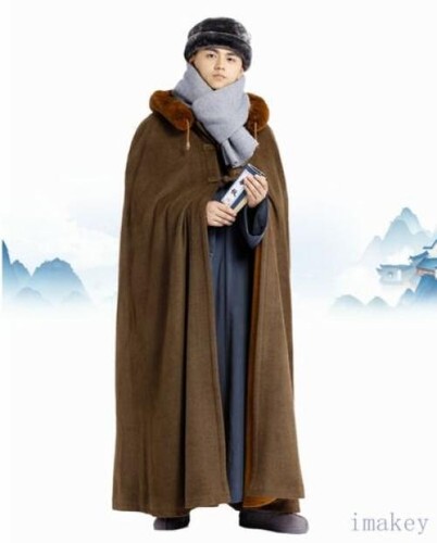 Men's Chinese Thicken Cloak Shawl Keep Warm Coats Fur Trim Jackets Unisex - Picture 22 of 26