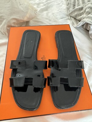 Hermes Oran Sandals Black 37 Patent Leather | eBay