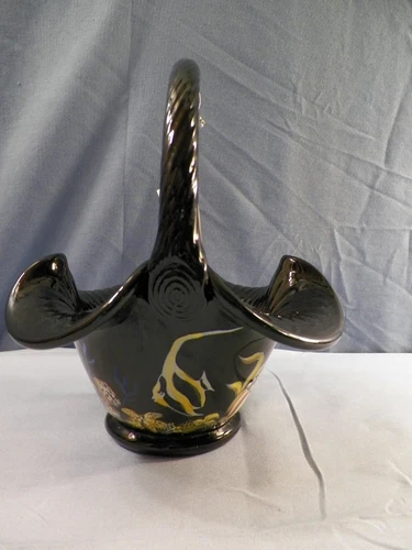 Fenton Hand Painted Black Glass Basket Angelfish Under the Sea Design