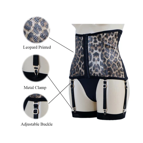 Womens Patchwork Leopard Waist Cincher W/ Removable Garters Boned Shaping Corset - Picture 1 of 11