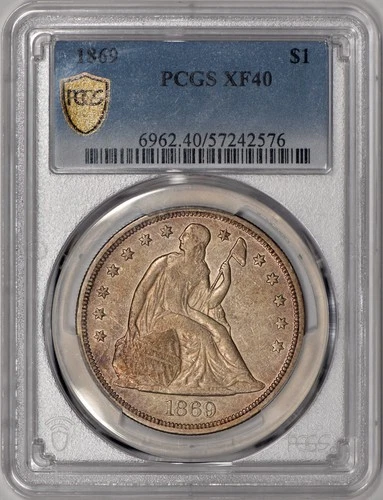 1869 Seated Liberty Silver Dollar $1 PCGS XF40 w/ Gold Shield