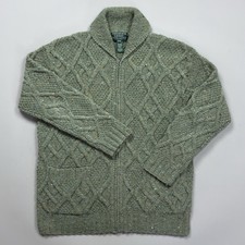 LRL Ralph Lauren PM Green Aran Wool Zip Cardigan Sweater Vintage Shawl Collar