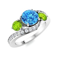 Swiss Blue Topaz  Peridot 5MM Round 925 Sterling Silver Three Stone Women Ring