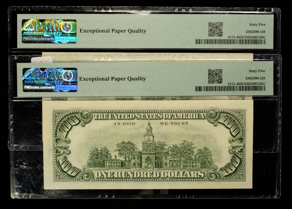 FR 2171-J $100 1985 FR Note US JA Block Consecutive Pair - PMG 65 EPQ - CA1510 - Image 2 of 4