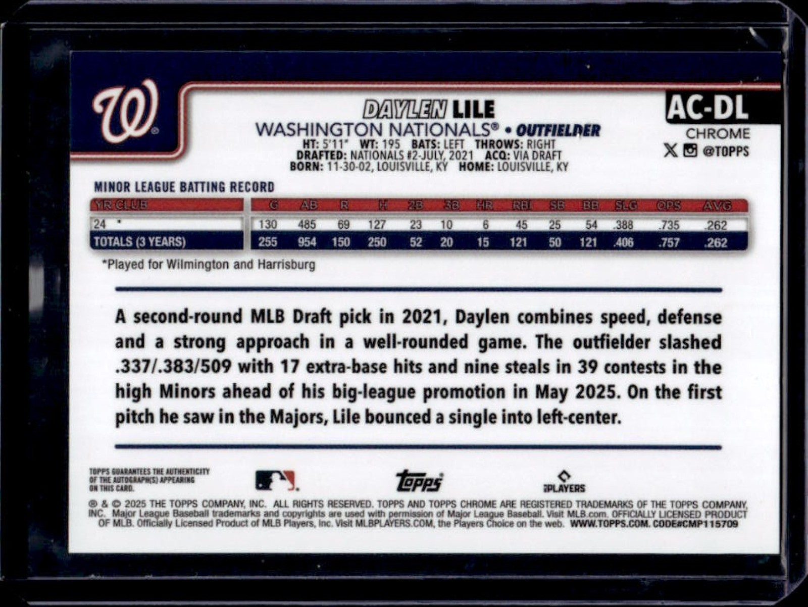 2025 Topps Chrome Update Daylen Lile Auto RC Gold Refractor #/50 Nationals view 2