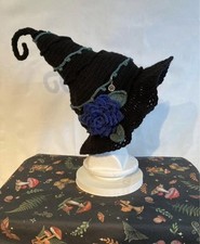 Handmade Crochet Witch Hat One Size Black w/ Blue Flower and Charm