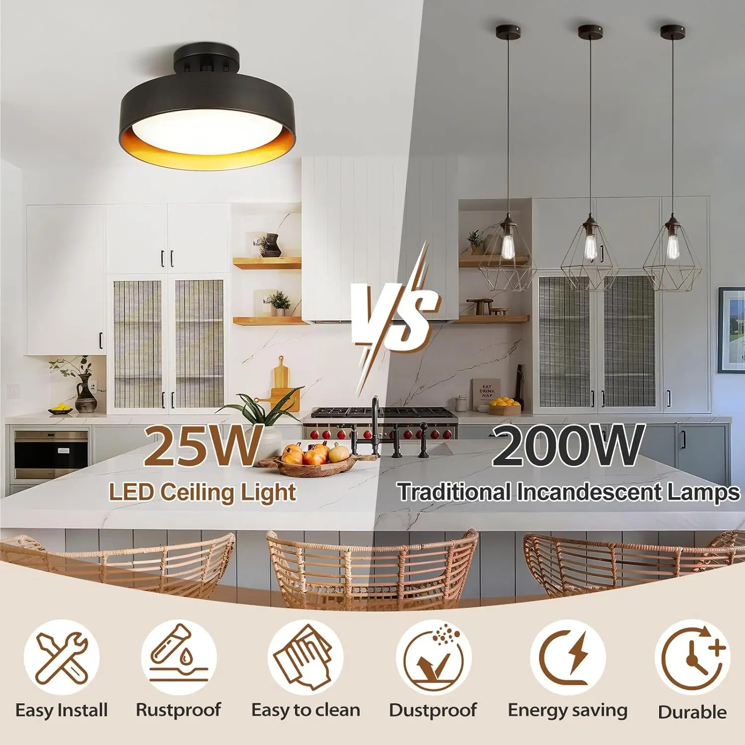 Semi Flush Mount Ceiling Lights, 12 Inch 25W LED Ceiling Light Fixture Black for