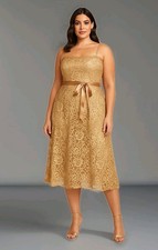 Betsey & Adam Gold Lace Midi Dress w/ Tulle Overlay | Size 14 (Fits 10/12)