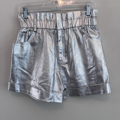 Silver Metallic Paperbag Shorts Women s Medium Shiny Festival Y2K Trend