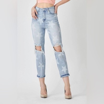 Risen Star Print Distressed Straight Leg Jeans Blue Light Wash Women s Size 5 27
