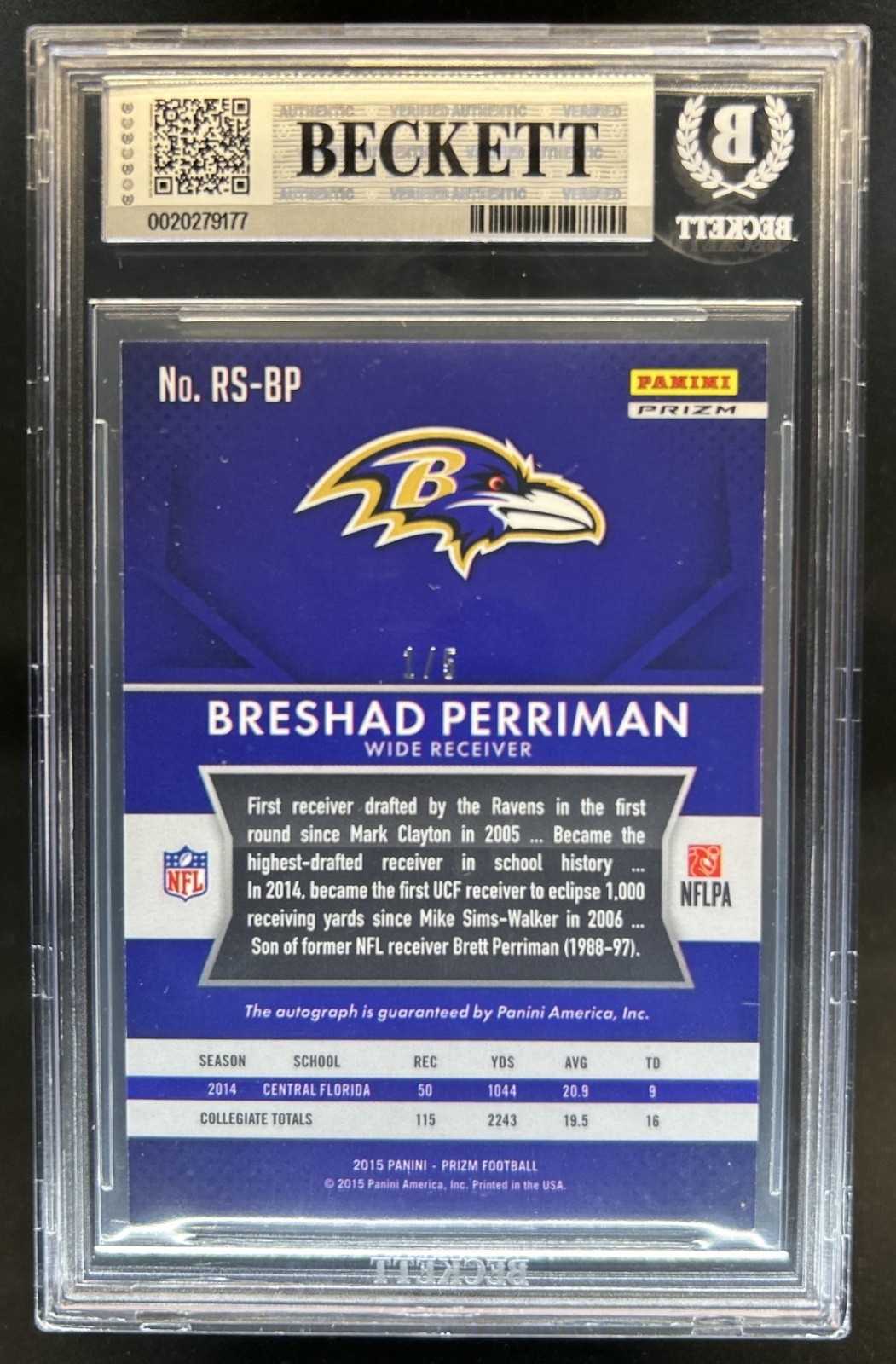 2015 Panini Prizm Breshad Perriman Rookie RC Gold Vinyl Auto #/5 Ravens BGS 8 view 2