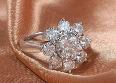 3Ct Round Cut Moissanite Flower Engagement Cluster Ring In 14K White Gold Plated