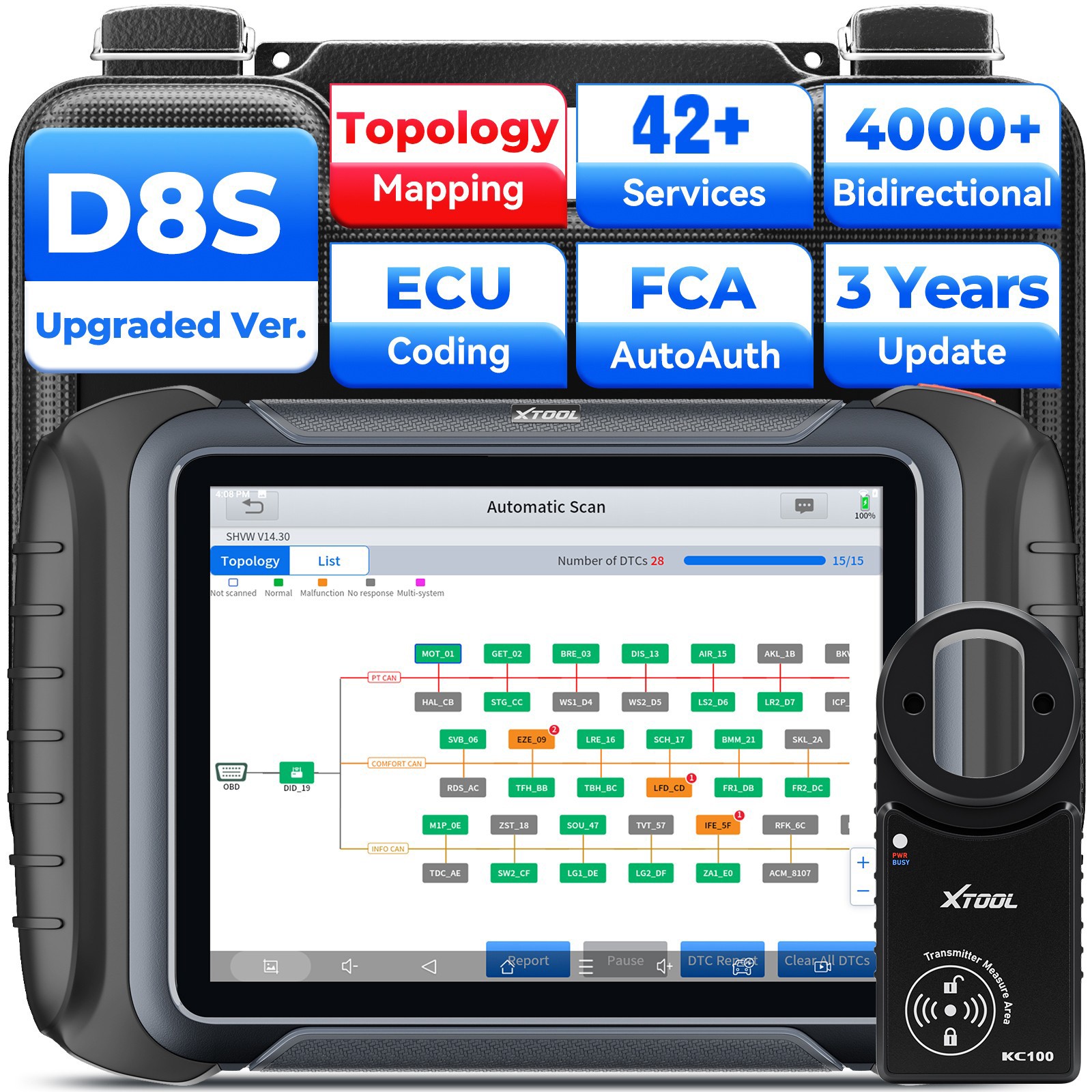 XTOOL D8S KC100 Bidirectional All System OBD2 Scanner ECU Coding Key Programming