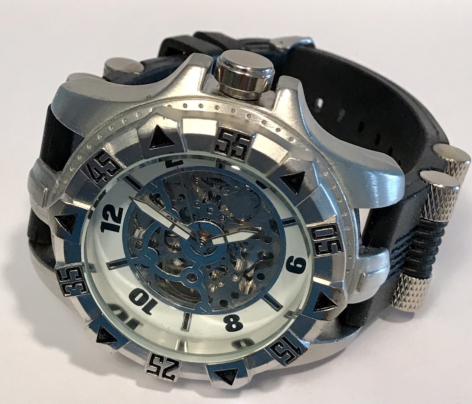 52mmm Auto Fully Skeletonized Black & Silvertone Strap TecnoSport Mens Watch