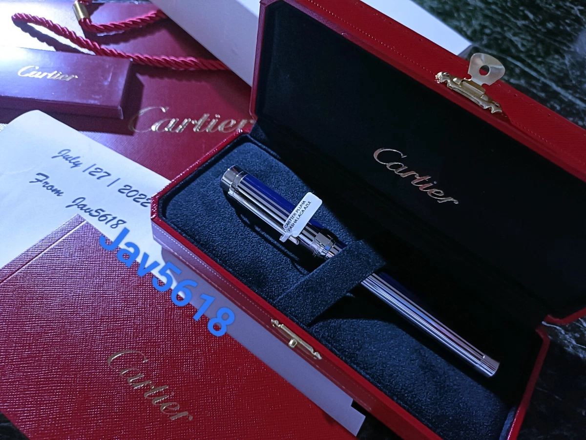 CARTIER PASHA F.PEN PLATINUM 18 kt GOLD NIB LOGO C BLUE STRIPES ART RARE NEW