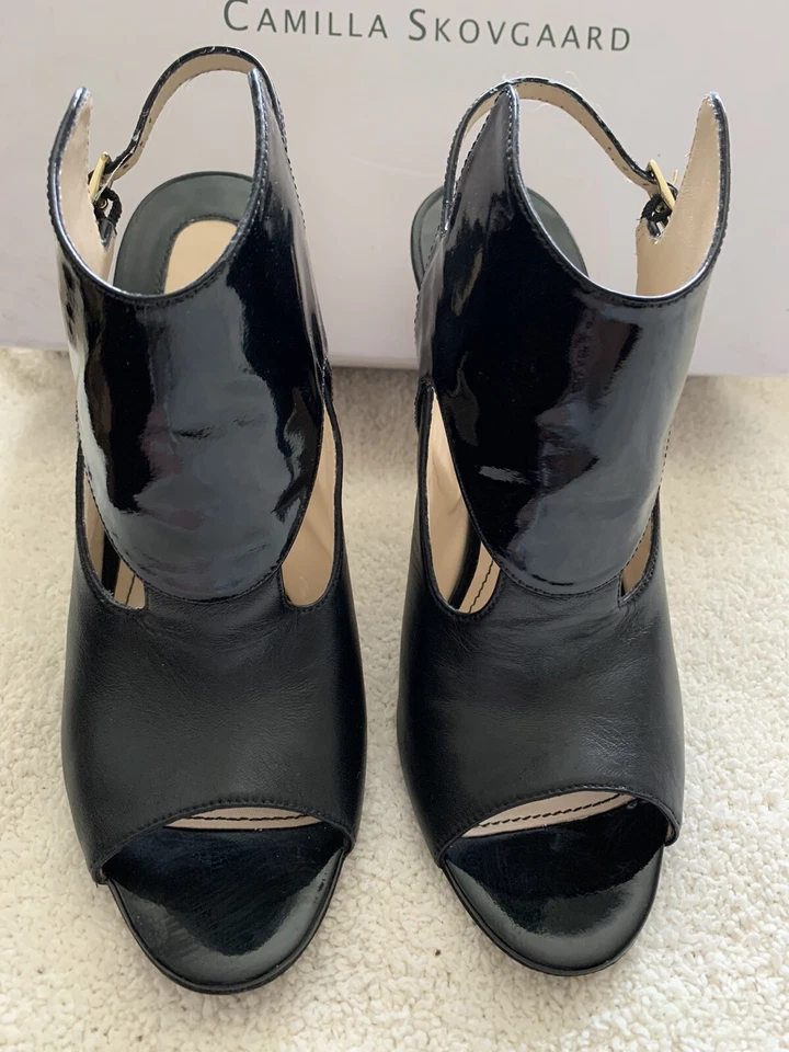 Camilla Skovgaard 39 Zapatos de Tacón Negro Charol Napa Cuero Stiletto Cordones Foto 2 de 4