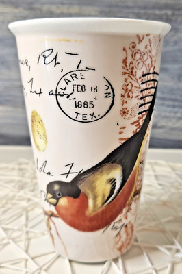 Ciroa Australian Made Porcelain Travel Mug Birds and Stamps Decor 10 oz (no lid)