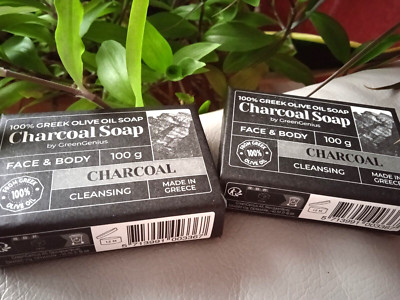2x Schwarze Seife mit Holzkohle 100% Griechisches Olivenöl Gesicht Körper 200g