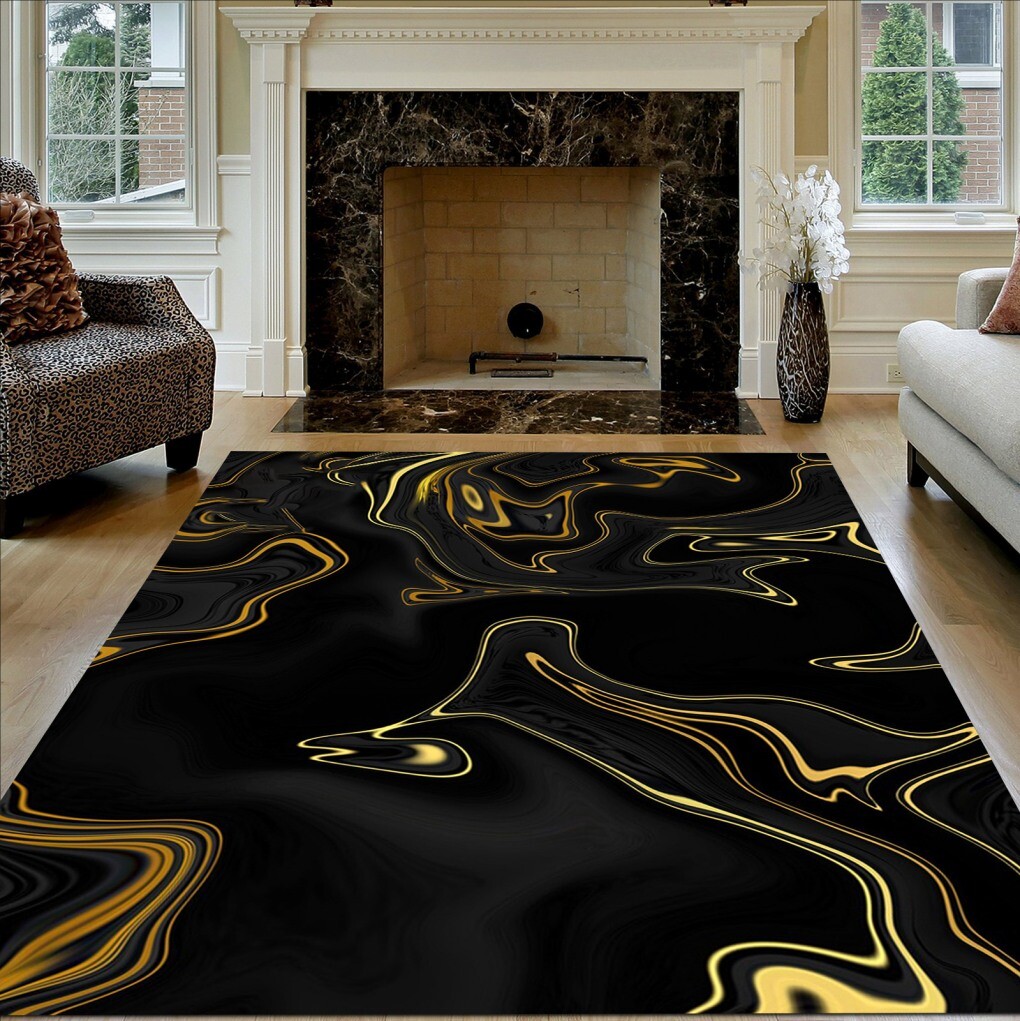 Modern Black Gold Wavy Abstract Marble Print Area Rug Art Deco Style Plush Carpet