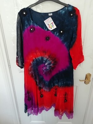Bugs Flower Power One Size dunkelblau lila rot Batik Lagenlook Kleid NEU Spitze