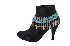 Women Gold Metal Boot Chain Bohemian Bracelet Anklet Shoe Cross Charm Turquoise