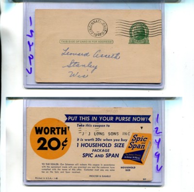 SPIC AND SPAN  POSTCARD  1948 POSTMARK STANLEY WISCOSNIN 1249L