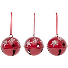 Large Metal Christmas Ornament Bells Red w. Snowflakes 3.5" x 3.5"  set of 3 