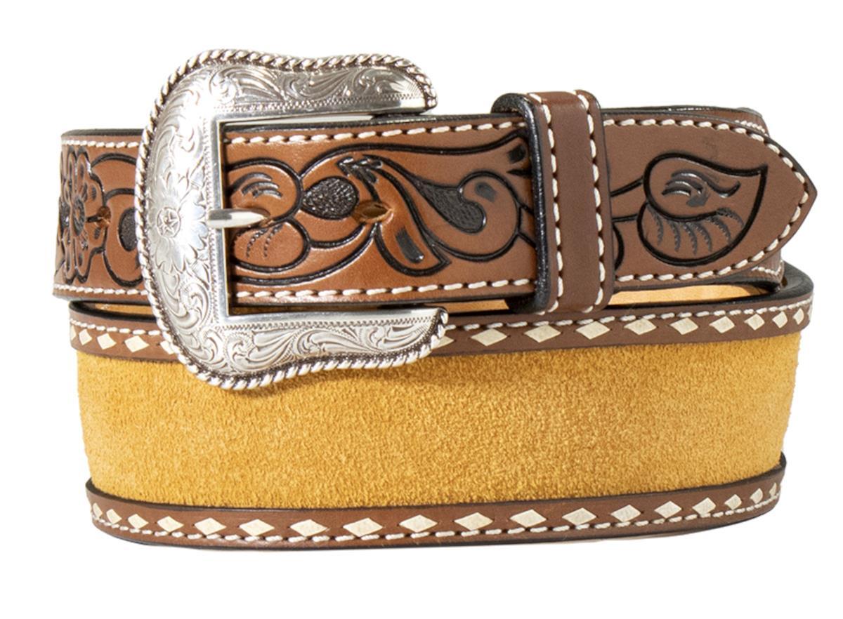 Nocona Western Mens Belt Leather Floral Tapered Buck Laced