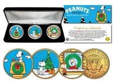 PEANUTS CHRISTMAS Charlie Brown Snoopy 24K Gold JFK Half Dollar 3-Coin Set BOX