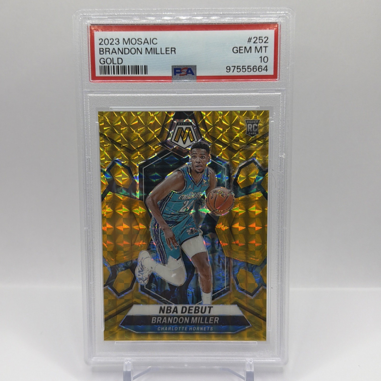 Brandon Miller Rookie Card RC 2023 Mosaic NBA Debut Gold 02/10 PSA 10
