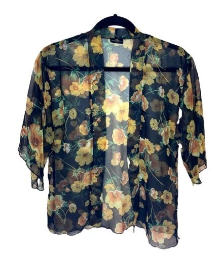 Mana Wahine Small Kimono Style Black Yellow Orange Floral Hip Length Tropical