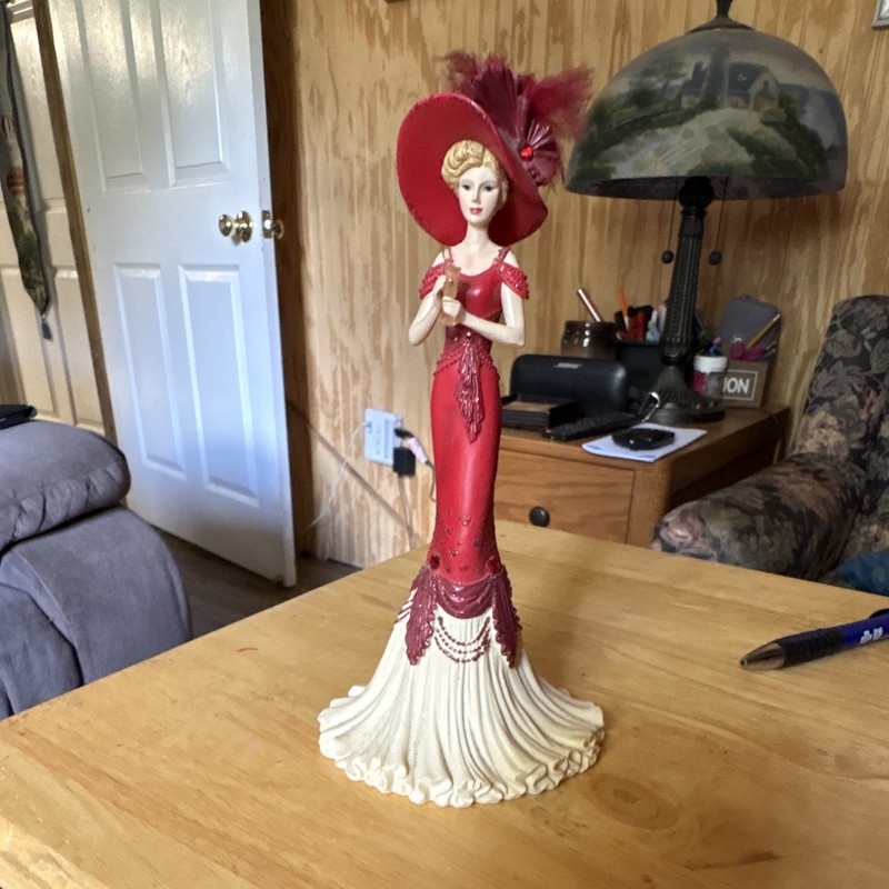Painted Resin Woman Figurine, Red & White Fashion Lady with Hat, 1-Piece