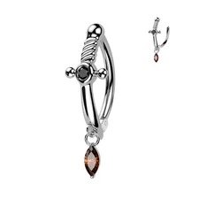 Silver Sword Black Gem Steel Belly Button Ring Dangle Navel 14g 1/2" Low Profile