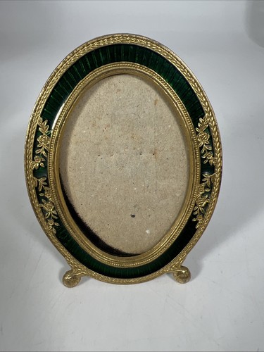 MRF ‘89 Oval Enamel Green & Gold Metal Ball Claw Footed Picture Frame 3” X 4”