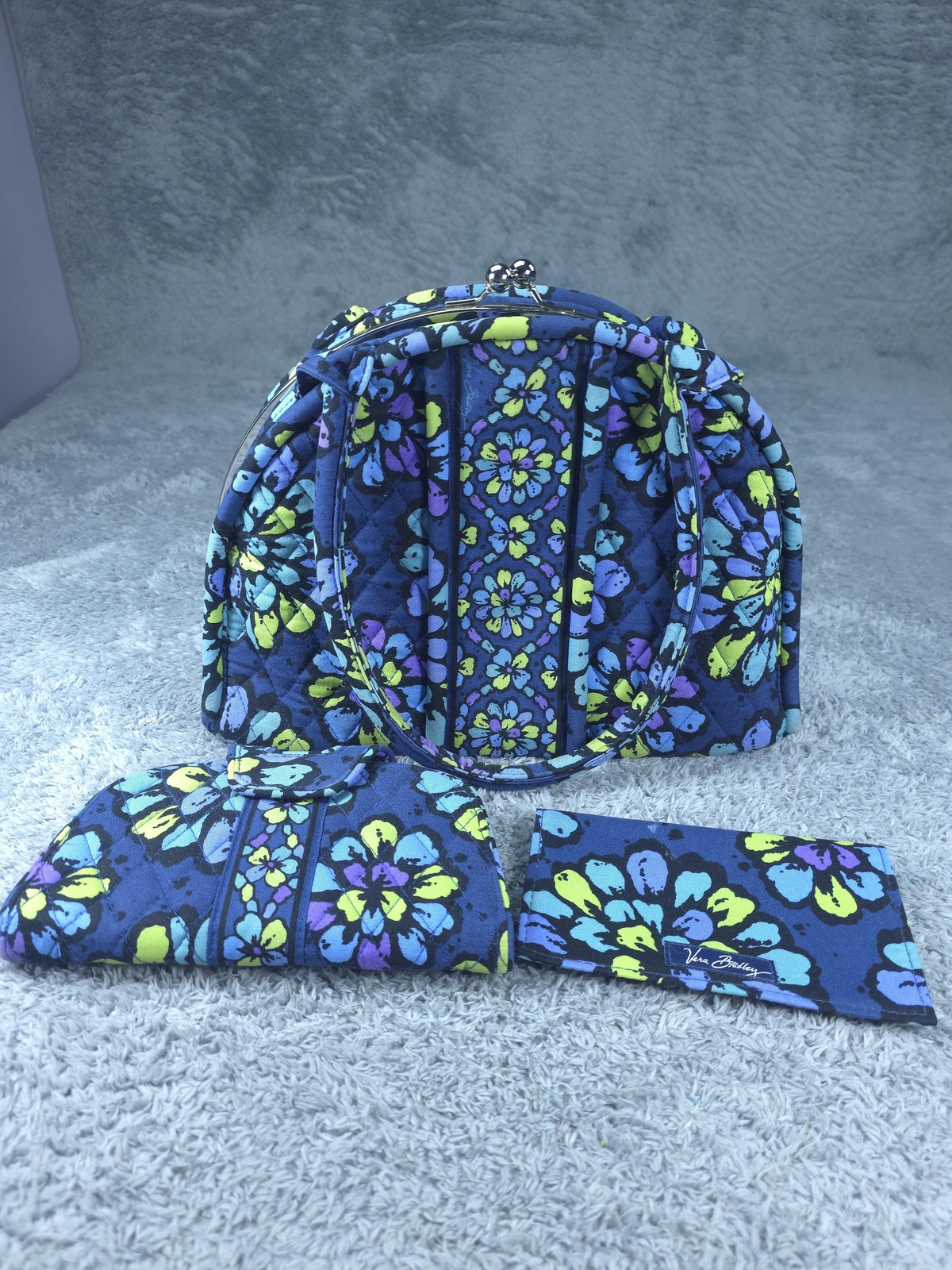 Vera Bradley Quilted Purse Wallet Set Womens Blue Floral Bag Coin Cosmetic Case