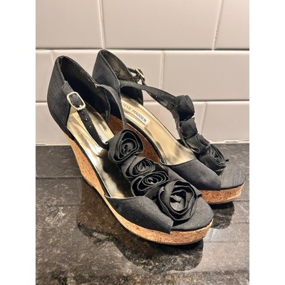 Steve Madden Women's P-Ven Cork Floral Wedge Sandal Shoes Black Size 7