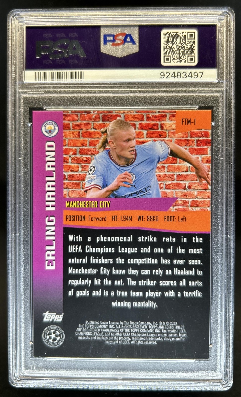 2022-23 Topps Finest UEFA Erling Haaland The Man #FTM-1 City PSA 9 view 2