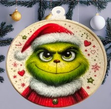 4" Young Grinch w/Smirk and Red Hearts on White Background - Christmas ornament