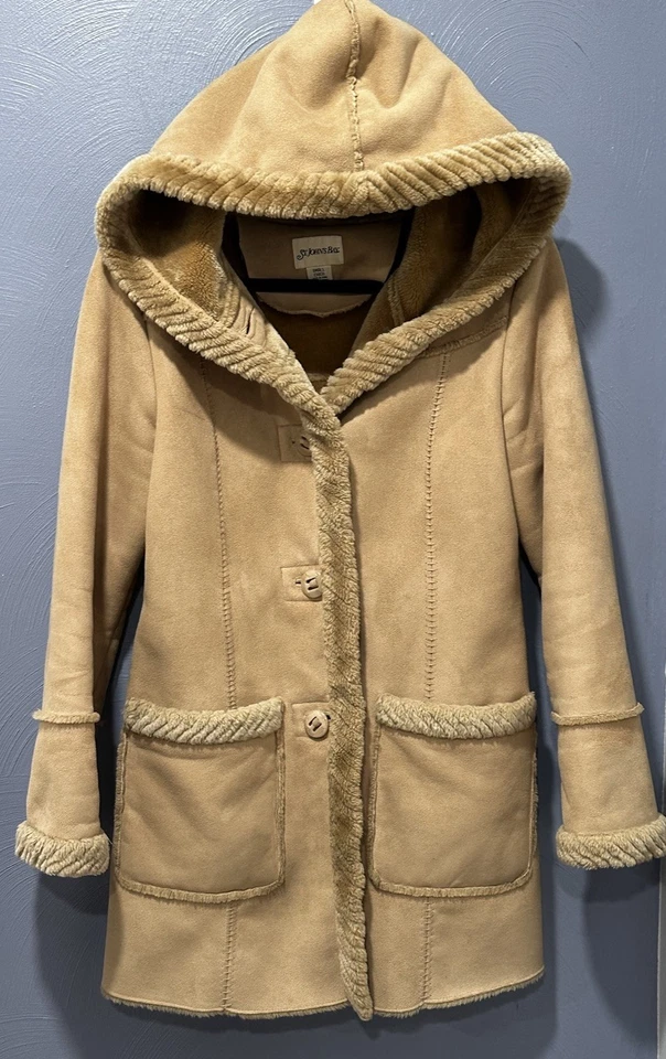 Abrigo para mujer St John Bay S esquimal palanca imitación gamuza espiral piel ribete capucha marrón Foto 2 de 4