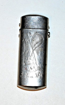 Vintage Match Safe Fishing Scene with a Tree, Rod & Reel, Trout Creel, and Net